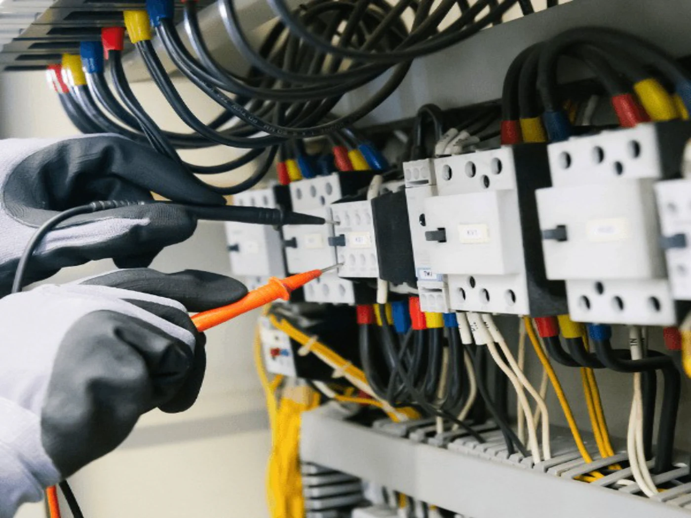 Mains gantées mesurant un tableau électrique avec les pointes de touche d'un multimètre